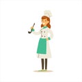 Woman Professional Cooking Chef Working In Restaurant Wearing Classic Traditional Uniform WIth Ladle Cartoon Character