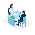 Woman professional doctor dialogue male character patient, record card patient health history isometric 3d vector
