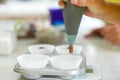 Woman professional pastry chef spreads chocolate dough in baking dish