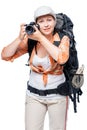 Woman, a professional photographer in the campaign on a white Royalty Free Stock Photo