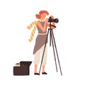 Woman professional photographer take photo use camera on tripod vector flat illustration. Female photographing having