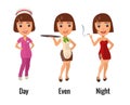 Woman professions - doctor, waitress, dancer. Flat vector illustration