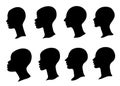 Woman profile black silhouette with bald head. Set of vector faces isolated on white
