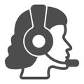 Woman profile in headphones and microphone solid icon, work concept, girl in headset vector sign on white background