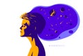 Woman profile with space view planets and stars from her head vector illustration, mindfulness philosophical and psychological