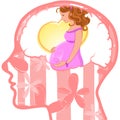Woman profile with visible brain. Pregnancy.