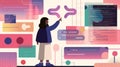Woman programmer pointing at code brackets, digital interface with data visualization and code snippets Royalty Free Stock Photo