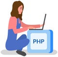 Woman programmer working withl aptop to create websites, programming or coding with text PHP Royalty Free Stock Photo