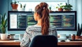 Woman Programming on Dual Monitors in Home Office with Plants, Creating Innovative Software