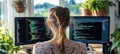 Woman Programming on Dual Monitors at Home Office, Software Developer Working Remotely