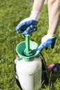 The woman in protective gloves pumps the spray in the sprayer. Royalty Free Stock Photo