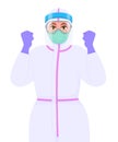 Woman in protective suit, medical mask, goggles showing raised hand fist sign. Doctor celebrating success. Surgeon gesturing arm. Royalty Free Stock Photo