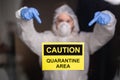 Woman in protective suit and in protective medical mask showing sign. Epidemiologist show stop palm. Stop coronavirus or Royalty Free Stock Photo