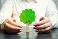 Woman protects a miniature green tree. Saving the environment and protecting forests from deforestation and extinction. Forest