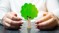 Woman protects a miniature green tree. Saving the environment and protecting forests from deforestation and extinction. Forest