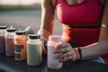 woman and protein sports supplements drink in bottle generative ai