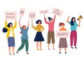 Woman protest. Female crowd with placard politics speaking multiracial feministic persons young girls vector characters
