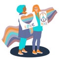 Woman protest. Lgbtq diversity rainbow supporting concept. Rainbow lgbt flag wave. Happy pride day. Love and peace slogan. Happy