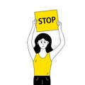 Woman protest with stop banner in doodle style.