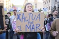 Woman protesting against seismic exploration for offshore oil exploitation Royalty Free Stock Photo