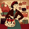 woman proudly holding a vintage handbag she found at a secondhand store, surrounded by other vintage items, AI generated