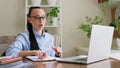 Woman psychologist mental therapist working remotely using computer for online therapy