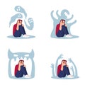 Woman with psychosis flat vector illustrations set