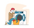 Woman in Public Laundry Laying Clean Clothes to Basket Loading Dirty Clothing to Laundromat Machine. Cleaning Service