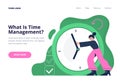 A woman pulling back the clock arrow. Time management, planning, and deadline concept.