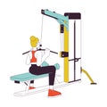 Woman pulling bar down on lat pulldown machine flat line color vector character