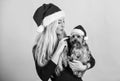 Woman with puppy wear santa hat. Celebrate christmas with pets. Ways to have merry christmas with pets. Reasons to love