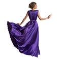 Woman Purple Dress, Fashion Model in Long Fluttering Gown, Back Rear view on White
