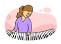 Woman in purple dress playing the piano.Music teacher practising. Flat vector illustration, isolated on white background