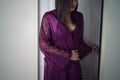 The woman in purple nightdress left the toilet at midnight. Royalty Free Stock Photo