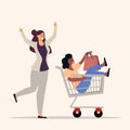 Woman push shopping cart sitting woman