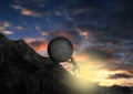 Woman pushing big rock uphill. Sisyphus businesswoman concept in hill sky sunset