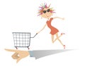 Woman pushing shopping cart. Directing hand Royalty Free Stock Photo