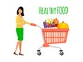 Woman pushing a shopping cart filled with fruits and vegetables. Girl with healthy food shopping trolley vector Royalty Free Stock Photo