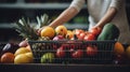 Woman pushing a shopping cart full of fresh delicious vegetables and fruits, grocery shopping concept, generative ai Royalty Free Stock Photo