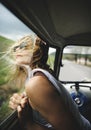 Woman Put Head Out of Window Wind Blowing Her H