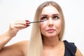 Woman puts black mascara on her eyelashes with makeup, photo of attractive blonde on a white and gray background. Royalty Free Stock Photo