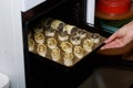 A woman puts curlicues stuffed with poppy and walnuts in the oven. For baking