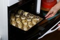 A woman puts curlicues stuffed with poppy and walnuts in the oven. For baking