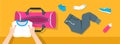 Woman puts fitness stuff into sport bag vector banner