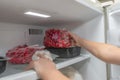 A woman puts frozen fruit products in the freezer, for long-term preservation