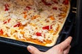 Woman puts in the oven a square pizza. Cook at home. Top view, selective focus Royalty Free Stock Photo
