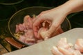 A woman puts pieces of chicken breast on a hot frying pan. Royalty Free Stock Photo