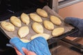 A woman puts Russian pies made of raw dough with filling into the oven for baking. Homemade baking