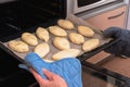 A woman puts Russian pies made of raw dough with filling into the oven for baking. Homemade baking