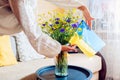 Woman puts Ukrainian flag in vase with bouquet of blue and yellow flowers at home. Symbol of freedom in Ukraine